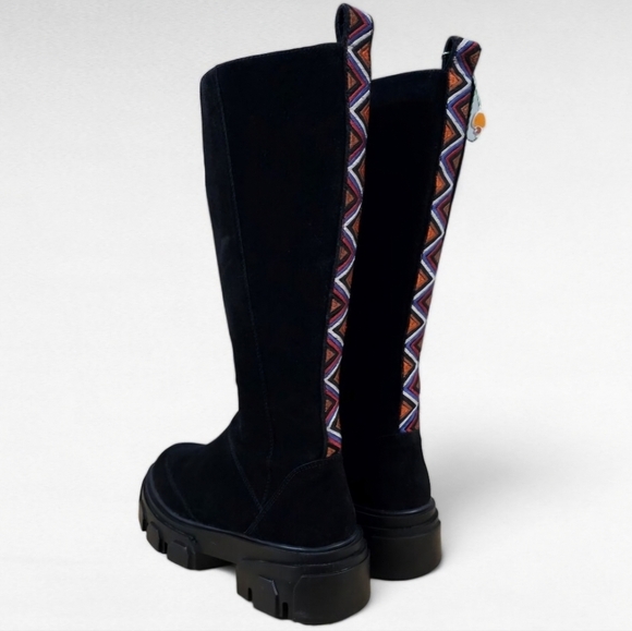 NEW Farm Rio Long Suede Combat Boot Black Vegan Leather Platform Boho Size 8 - Picture 1 of 14